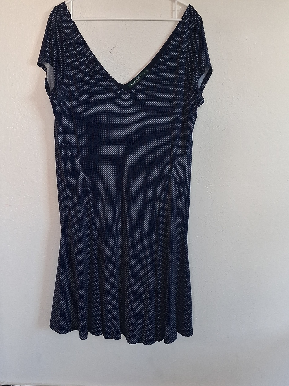 Rlaph Lauren Polka Dot Navy Blue Shortsleeve V Neck Dress XL